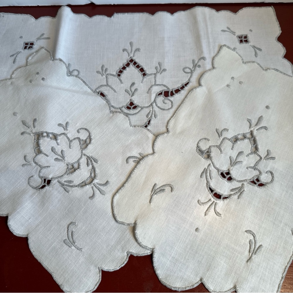 Vintage Set Of 3 Grey/ White Dresser Scarves Doilies -Arm Chair Covers Cut Desi